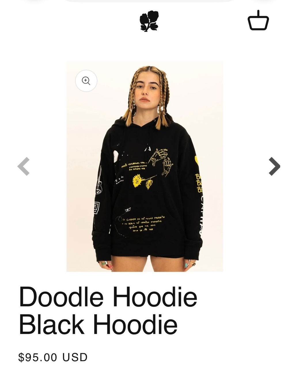 Black Doodle Print Hoodie with Yellow and White Graphic Designs